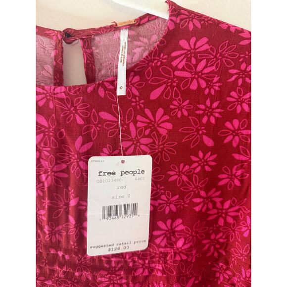 NWT Free People Jessie Red Floral Puff Sleeve Cottagecore Prairie Midi Dress 0 - Picture 6 of 8